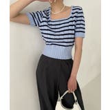 ブルー | ボーダースクエアクロップド半袖ニット | by muni:r