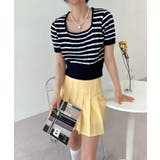 ネイビー | ボーダースクエアクロップド半袖ニット | by muni:r