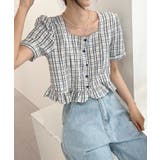 ブルー | ラブリーチェックフリルブラウス | by muni:r