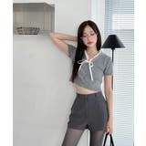 Vネックフリルボタンリボンクロップド半袖ニット | by muni:r | 詳細画像21