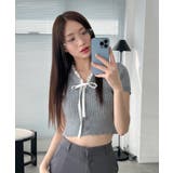 Vネックフリルボタンリボンクロップド半袖ニット | by muni:r | 詳細画像26