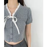 Vネックフリルボタンリボンクロップド半袖ニット | by muni:r | 詳細画像27