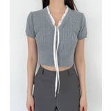 Vネックフリルボタンリボンクロップド半袖ニット | by muni:r | 詳細画像28