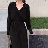 ブラック | Vネックニットワンピース ウエストリボン付き ロング丈ワンピ | Carpe diem