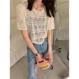 透かし編みニットトップス ショート丈 半袖無地 | Carpe diem | 詳細画像1