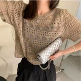 ライトブラウン | 透かし編みニットトップス ショート丈 半袖無地 | Carpe diem