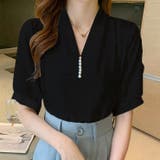 ブラック | シャツ半袖 ブラウス半袖 パール付きトップス | Carpe diem