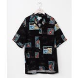 ブラック | 【カヒコ】TWO PALMS ポストカーズメンズアロハシャツ | アミナコレクション