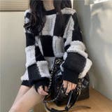 ブラックホワイト | 配色チェック柄ニットトップス 秋 冬 | Alvia