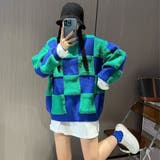 ブルーグリーン | 配色チェック柄ニットトップス 秋 冬 | Alvia