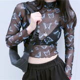 ブラック | バタフライ柄ハイネックシアートップス 春 夏 | Alvia