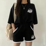 ブラック | スポーティープリントTシャツ×ショートパンツSET 春 夏 | CHEER【WOMEN】