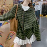 カーキ | オーバーサイズ ボーダーニットカーディガン | Alvia