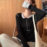 ブラック | 韓国風カジュアル配色ヘンリーネックTシャツトップス | Alvia