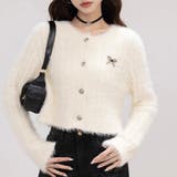 ホワイト | リボンブローチ付き シャギーショートニットカーディガン | Alvia