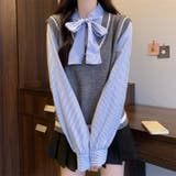 レイヤード風リボンタイストライプシャツ×ニットベスト トップス | Alvia | 詳細画像12