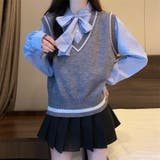 レイヤード風リボンタイストライプシャツ×ニットベスト トップス | Alvia | 詳細画像13