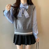 グレー | レイヤード風リボンタイストライプシャツ×ニットベスト トップス | Alvia