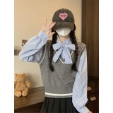 レイヤード風リボンタイストライプシャツ×ニットベスト トップス | Alvia | 詳細画像4