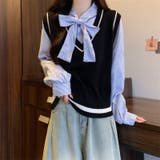 レイヤード風リボンタイストライプシャツ×ニットベスト トップス | Alvia | 詳細画像5