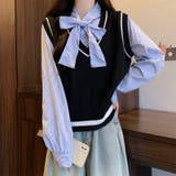 レイヤード風リボンタイストライプシャツ×ニットベスト トップス | Alvia | 詳細画像6