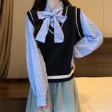 レイヤード風リボンタイストライプシャツ×ニットベスト トップス | Alvia | 詳細画像7