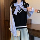 レイヤード風リボンタイストライプシャツ×ニットベスト トップス | Alvia | 詳細画像8