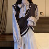 ブラウン | レイヤード風リボンタイストライプシャツ×ニットベスト トップス | Alvia