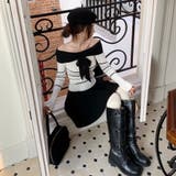 ホワイト | オフショルダー 配色リボンボーダーラインニットトップス | Alvia