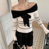 オフショルダー 配色リボンボーダーラインニットトップス | Alvia | 詳細画像13