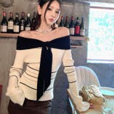 オフショルダー 配色リボンボーダーラインニットトップス | Alvia | 詳細画像14