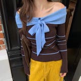 オフショルダー 配色リボンボーダーラインニットトップス | Alvia | 詳細画像3