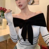 オフショルダー 配色リボンボーダーラインニットトップス | Alvia | 詳細画像5