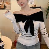 オフショルダー 配色リボンボーダーラインニットトップス | Alvia | 詳細画像8