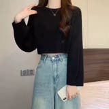 ブラック | ワイドスリーブ ショート丈ニットプルオーバー | Alvia