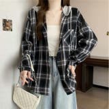 ブラック | フード付きゆったりチェック柄シャツ | Alvia