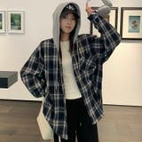 ネイビー | フード付きゆったりチェック柄シャツ | Alvia