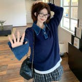 デニム切替フェイクレイヤードニットトップス | Alvia | 詳細画像2 