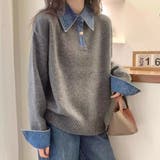 デニム切替フェイクレイヤードニットトップス | Alvia | 詳細画像16 