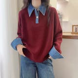 レッド | デニム切替フェイクレイヤードニットトップス | Alvia