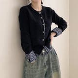 チェック切り替えレイヤード風ニットカーディガン（ブラック／グレー） | Alvia | 詳細画像2 