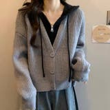 フード付きレイヤード風ニットカーディガン／カジュアル羽織り | Alvia | 詳細画像3 