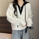 ホワイト | フード付きレイヤード風ニットカーディガン／カジュアル羽織り | Alvia