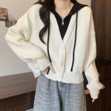 フード付きレイヤード風ニットカーディガン／カジュアル羽織り | Alvia | 詳細画像9 