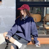 ネイビー | チェック切替 オーバーサイズ裏起毛フェイクレイヤードプルオーバー/トレーナー | Alvia