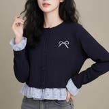 ネイビー | リボン刺繍レイヤード風トップス | Alvia