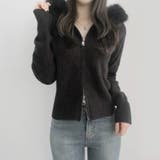 ブラック | フェイクファーフード付き ジップニット | Alvia