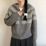 グレー | ノルディック柄フード付き ニット | Alvia