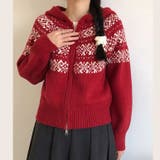 レッド | ノルディック柄フード付き ニット | Alvia