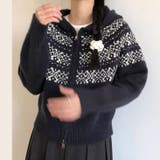 ネイビー | ノルディック柄フード付き ニット | Alvia